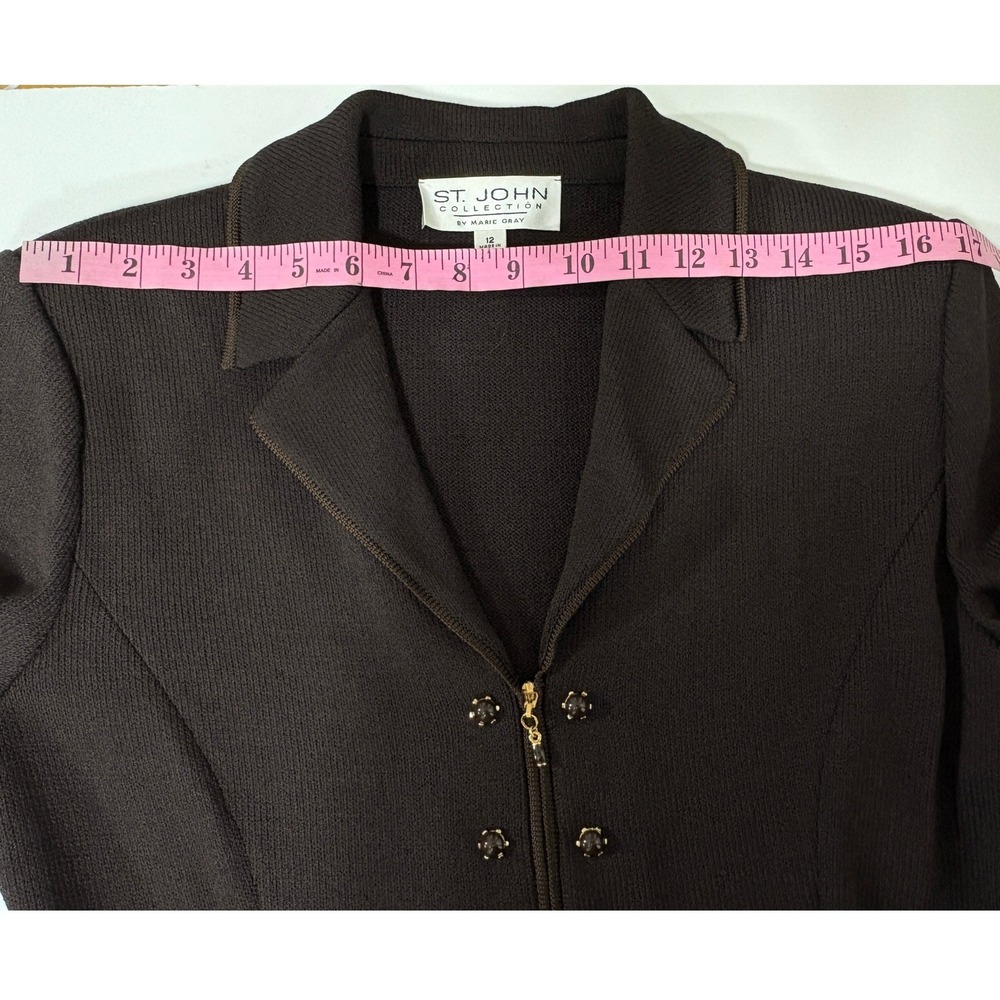 St. John Collection Marie Gray Brown Santana Knit Zip Front Studded Jacket 12 - Picture 8 of 10
